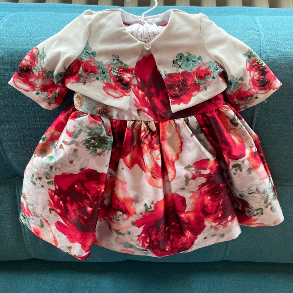 NWOT Pippa & Julie Floral formal baby dress with matching cardigan and bloomers